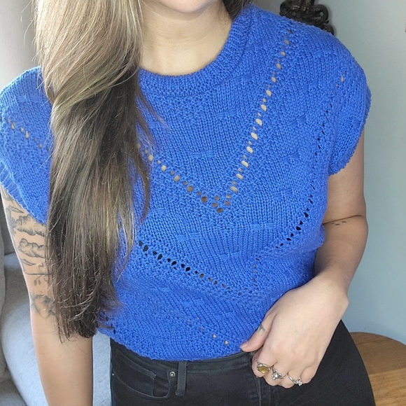 Womens 80s 90s Short Sleeve Knit Sweater Blue - Picture 1 of 9